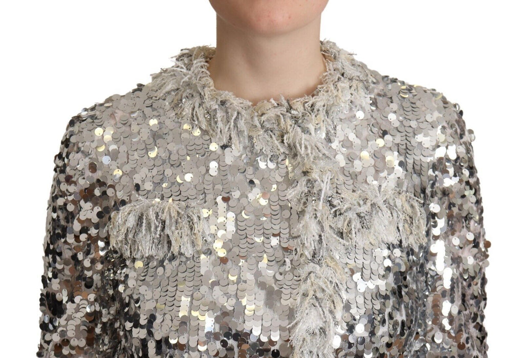 Veste en shearling argentée à sequins Dolce & Gabbana à manches longues, élégante et brillante, vue de face.