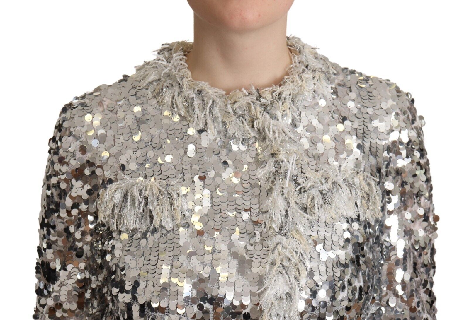 Veste en shearling argentée à sequins Dolce & Gabbana à manches longues, élégante et brillante, vue de face.