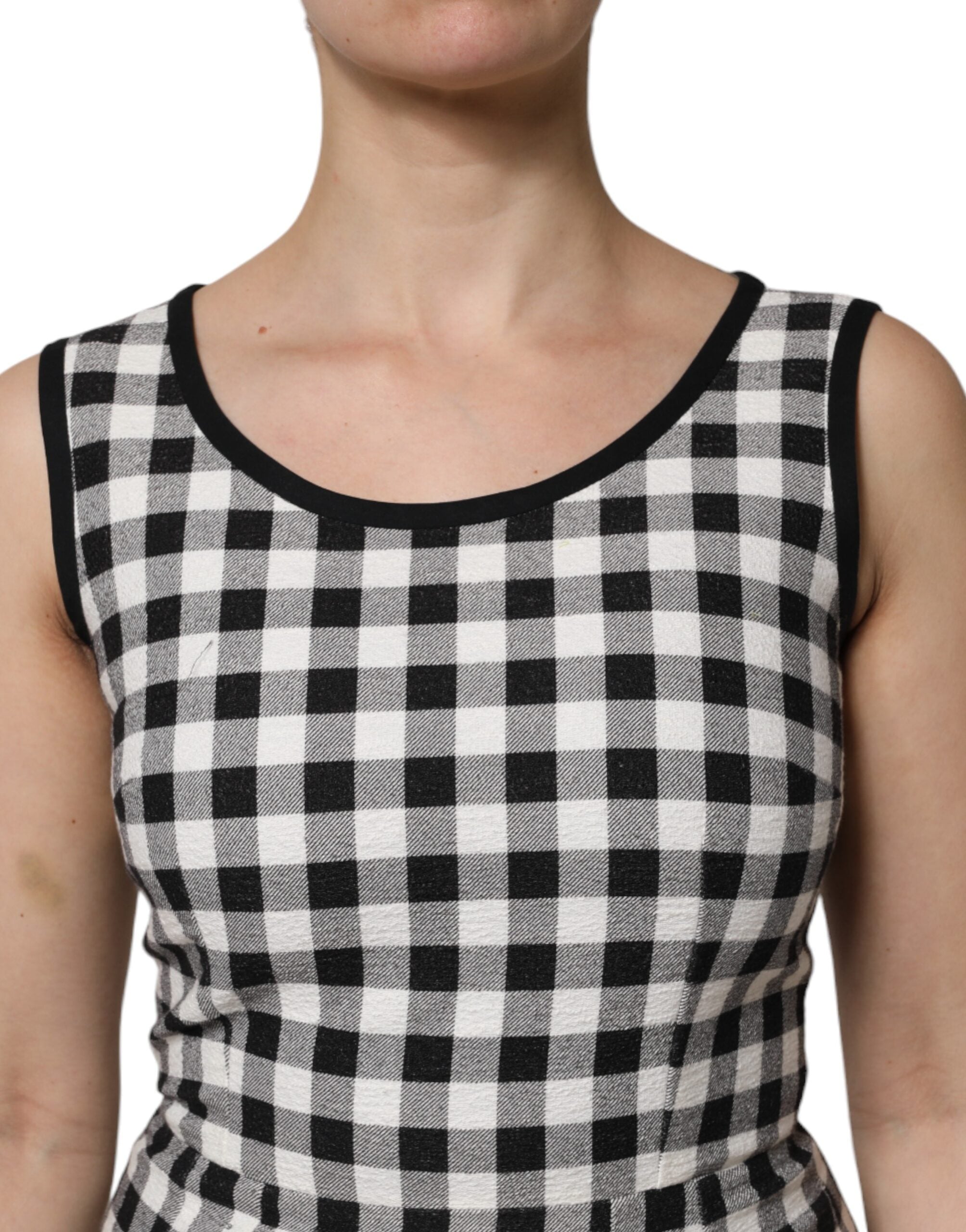 Robe sans manches Dolce & Gabbana à carreaux blanc et noir, robe fourreau élégante pour femme.