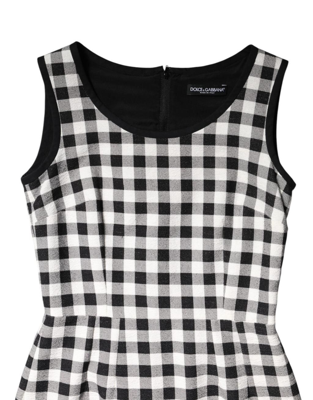 Robe sans manches Dolce & Gabbana à carreaux blanc et noir, robe droite élégante, vue de face.