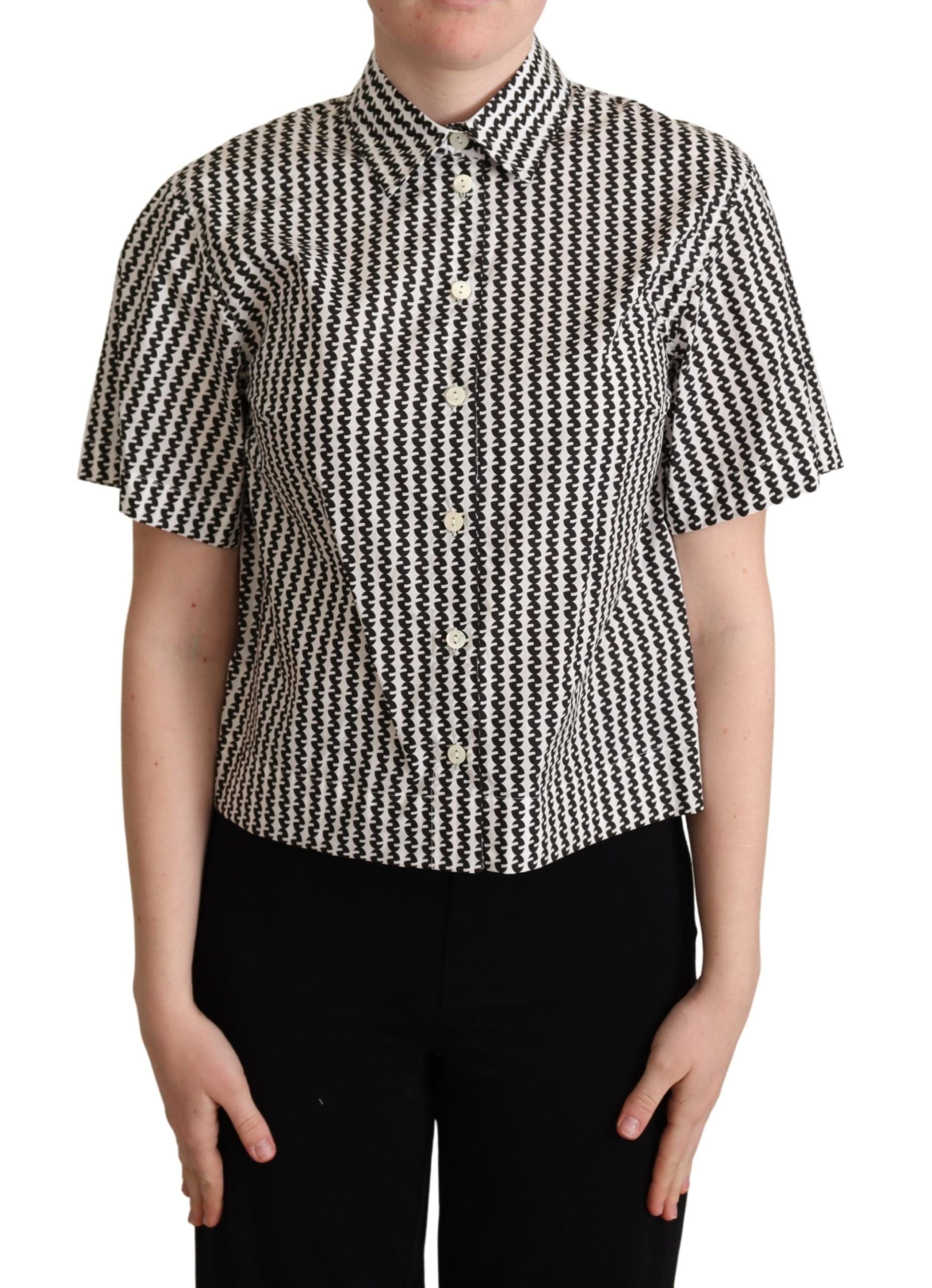 Chemise Dolce & Gabbana à motif fantaisie blanc et noir, vue de face avec détails du design élégant.