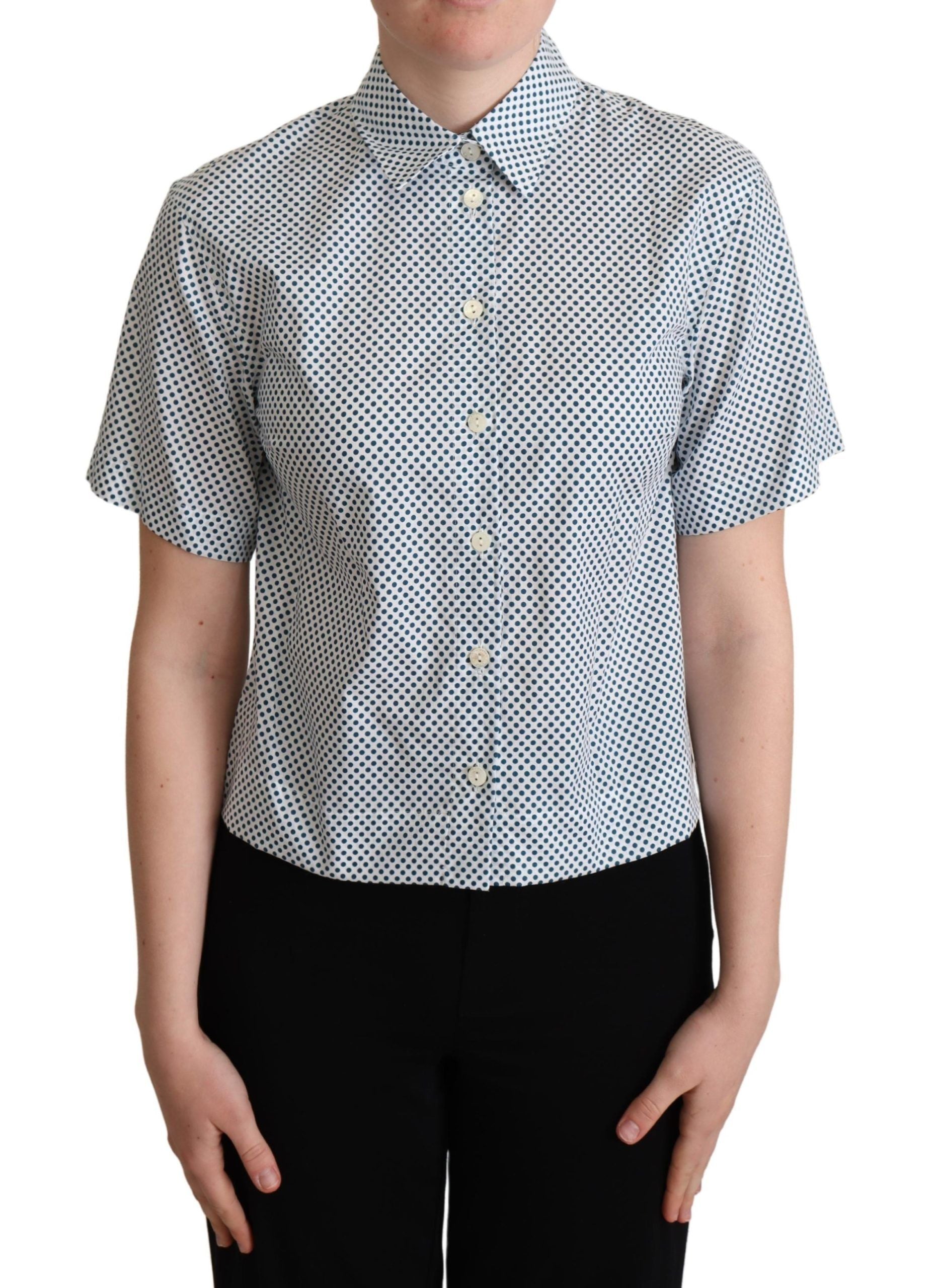Chemise en coton blanche à pois bleus de Dolce & Gabbana, style élégant et classique avec col et manches longues.