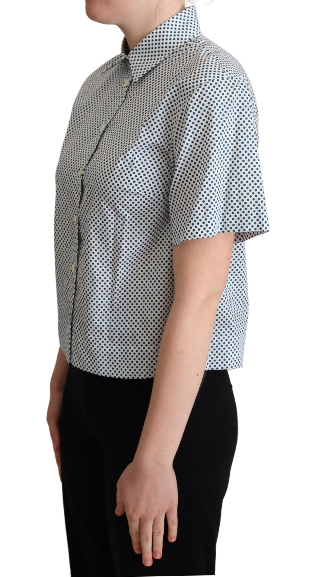 Chemise en coton blanche à pois bleus de Dolce & Gabbana, élégante et décontractée, avec col classique et manches longues.