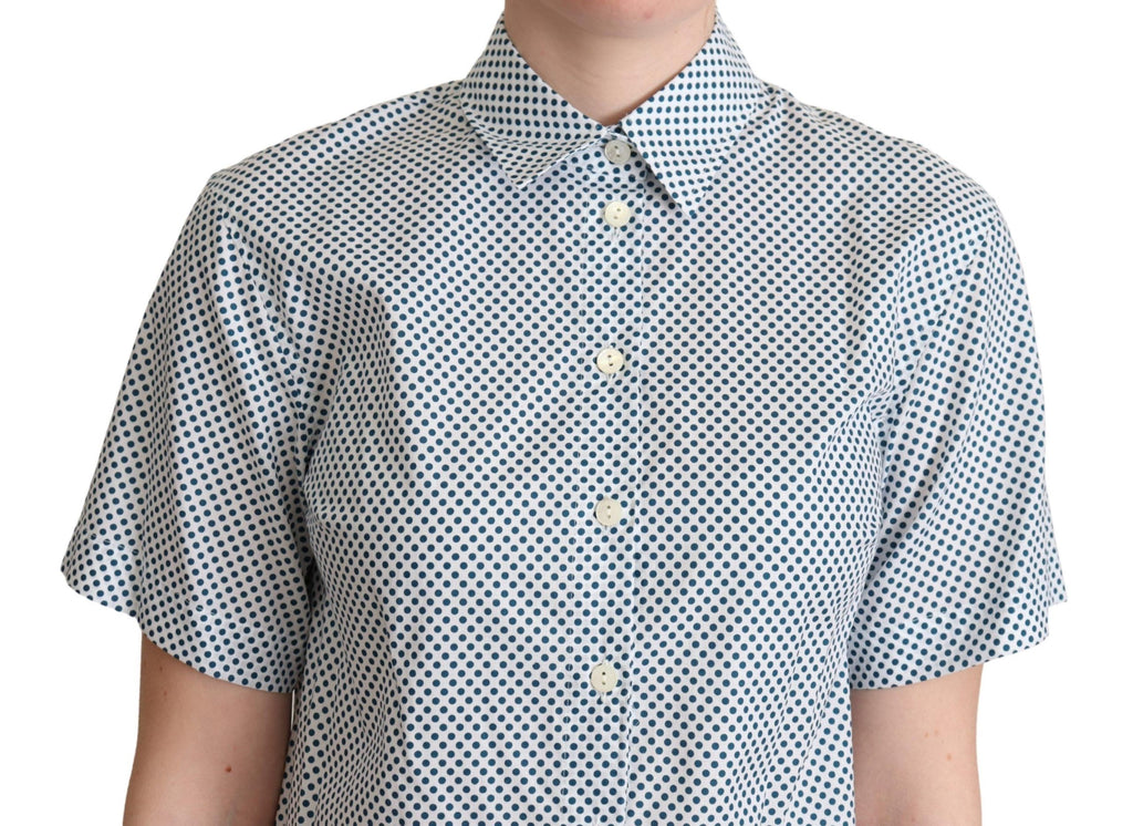 Chemise en coton blanche à pois bleus de Dolce & Gabbana, style élégant avec col classique et manches longues.