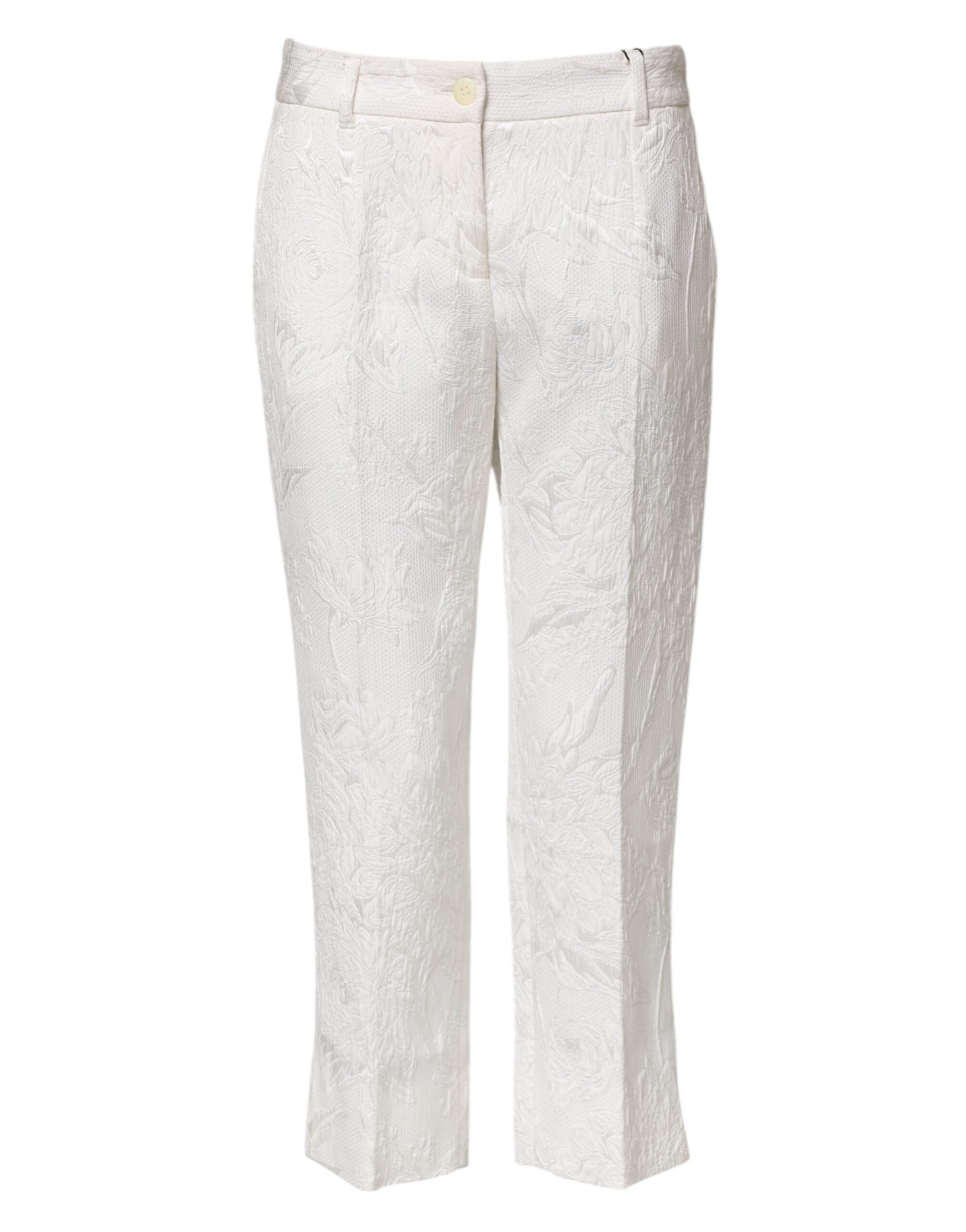 Pantalons en coton blanc à jacquard floral Dolce & Gabbana, avec coupe élégante et détails floraux sophistiqués.