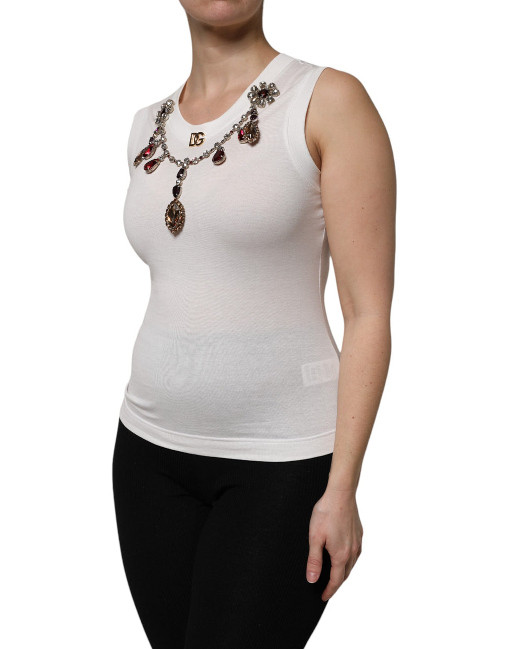 Débardeur blanc en coton Dolce & Gabbana avec logo et détails en cristal, mode élégante pour femmes.