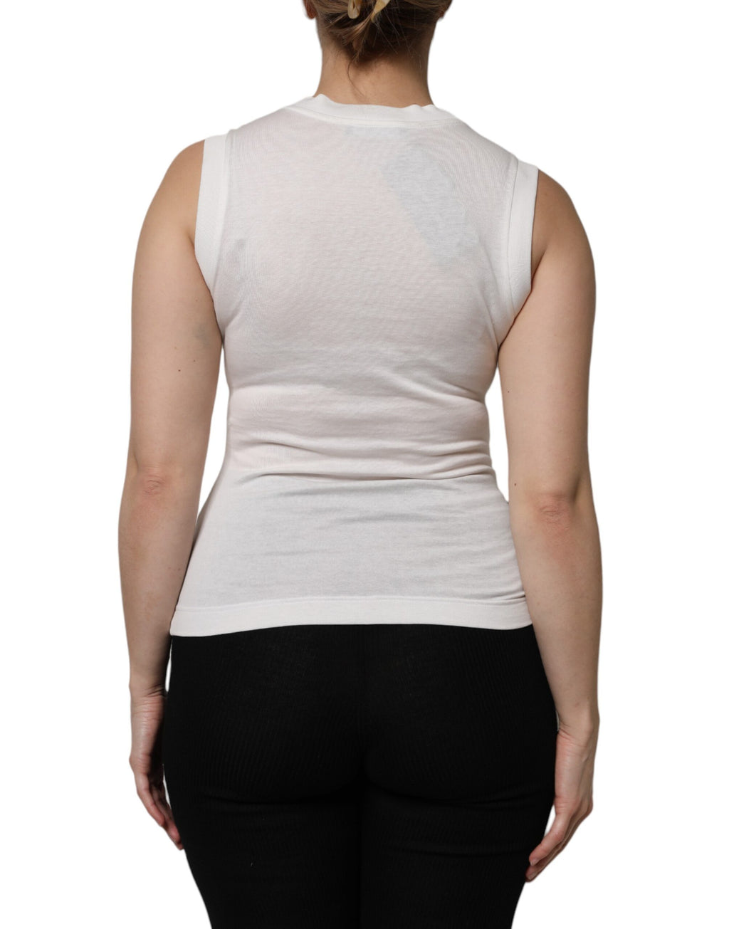 Débardeur blanc en coton Dolce & Gabbana avec logo et détails en cristal, mode élégante et tendance pour femme.