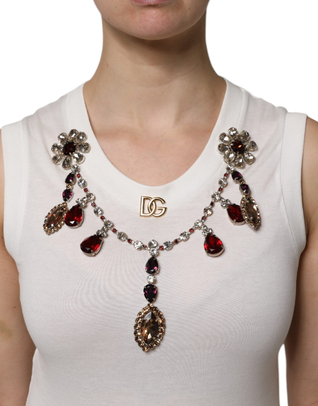 Débardeur blanc en coton Dolce & Gabbana avec logo et détails en cristal, vue de face.