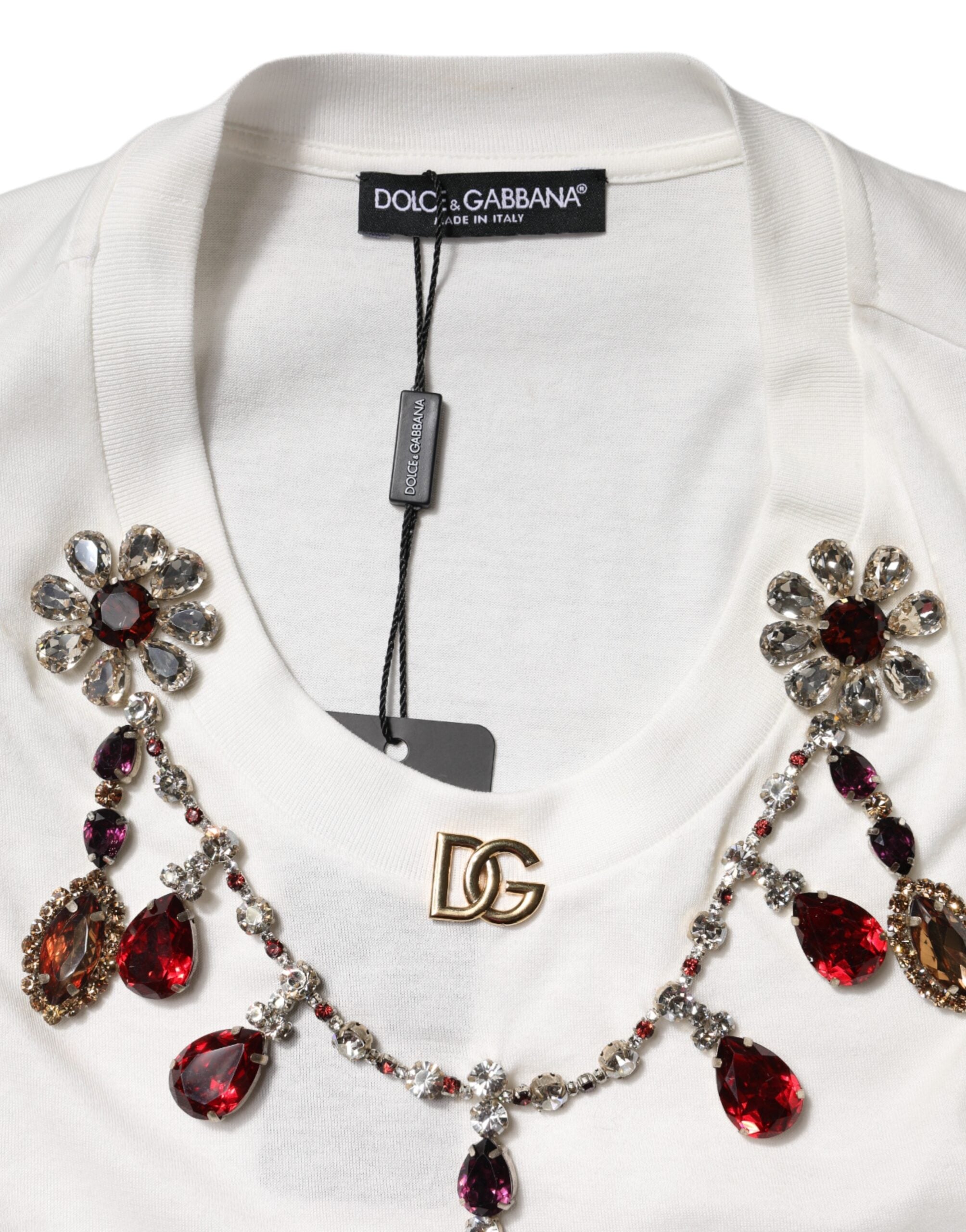 Débardeur blanc en coton Dolce & Gabbana avec logo et détails en cristaux, mode élégante et sophistiquée.