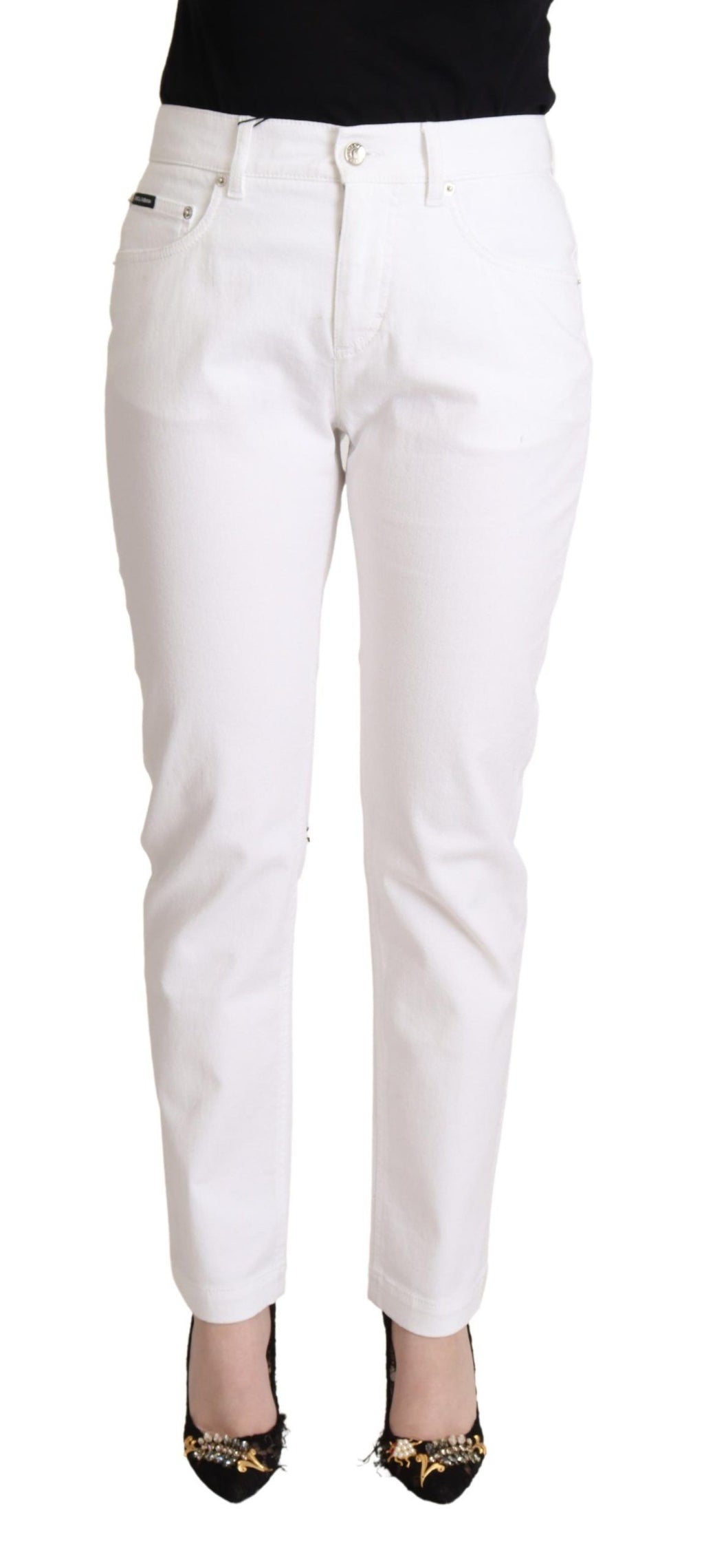 Dolce & Gabbana White Cotton Mid Waist Denim Tapered Jeans - La luxence