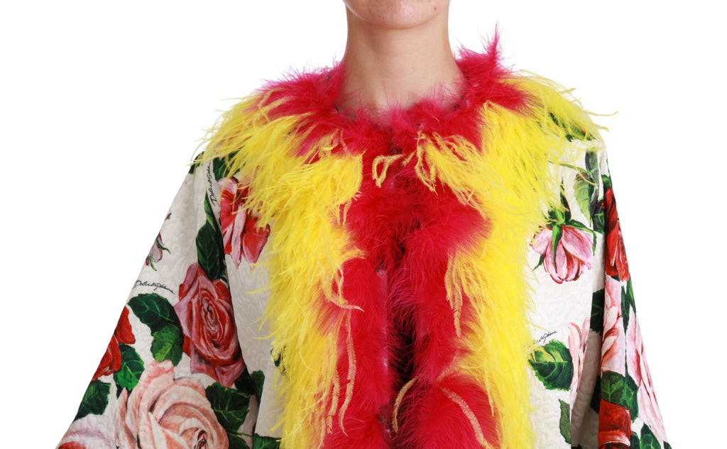 Blouson Dolce & Gabbana blanc avec motifs floraux, détails en fourrure et roses, veste élégante pour femme.