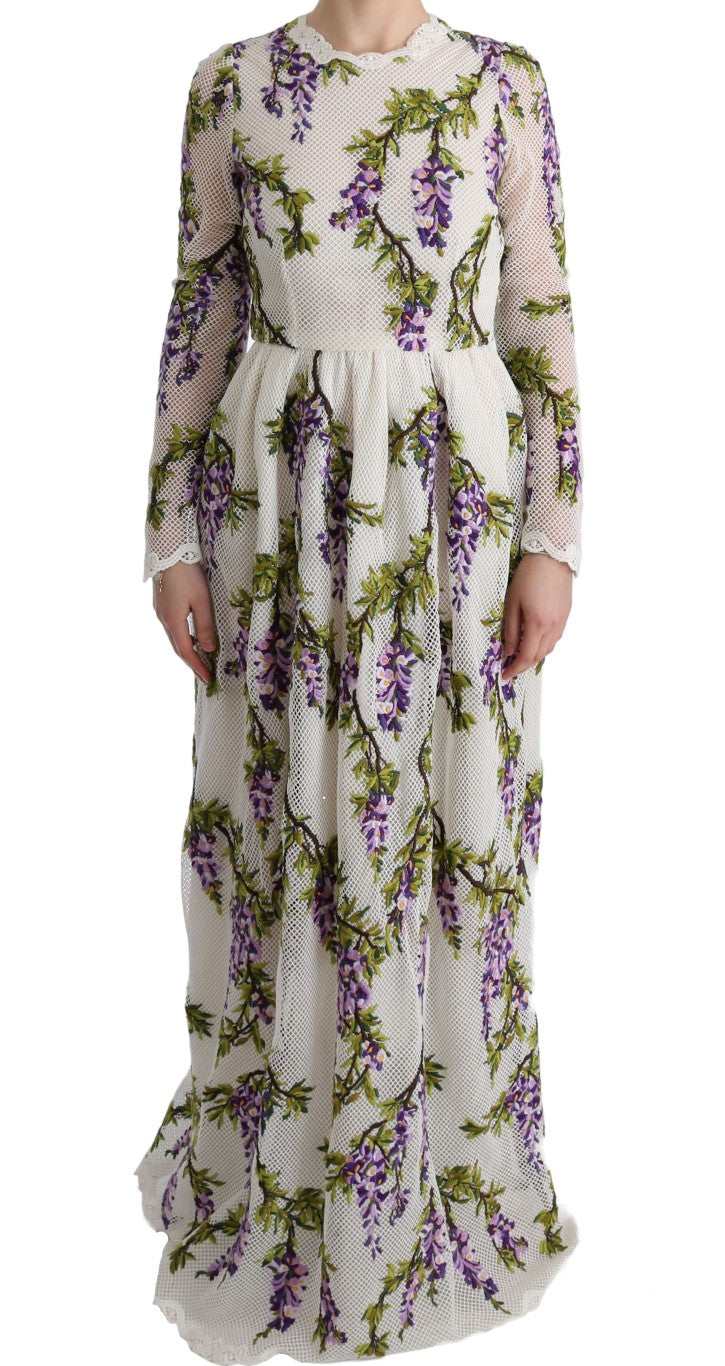 Robe maxi blanche Dolce & Gabbana à broderie florale élégante, vêtement féminin avec détails sophistiqués.