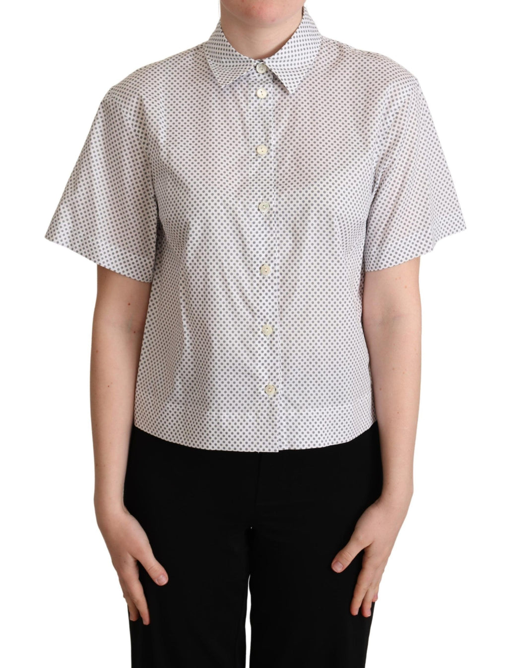 Chemise à pois blanches et grises avec col et boutons de Dolce & Gabbana, style élégant et décontracté.