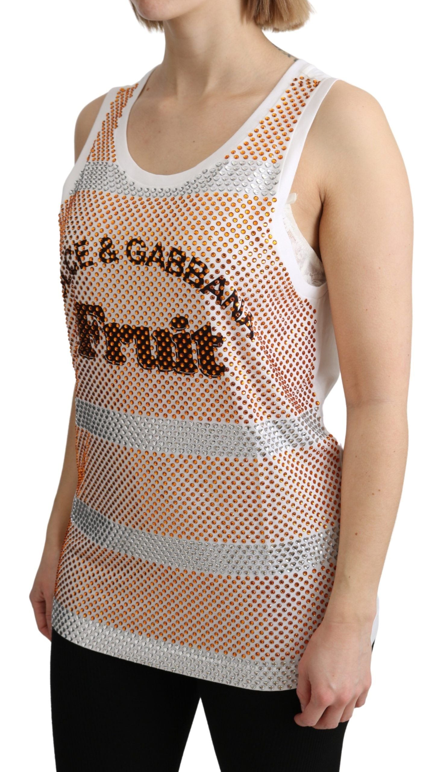 Haut sans manches en coton blanc de Dolce & Gabbana avec détails en cristaux orange, style élégant et moderne.
