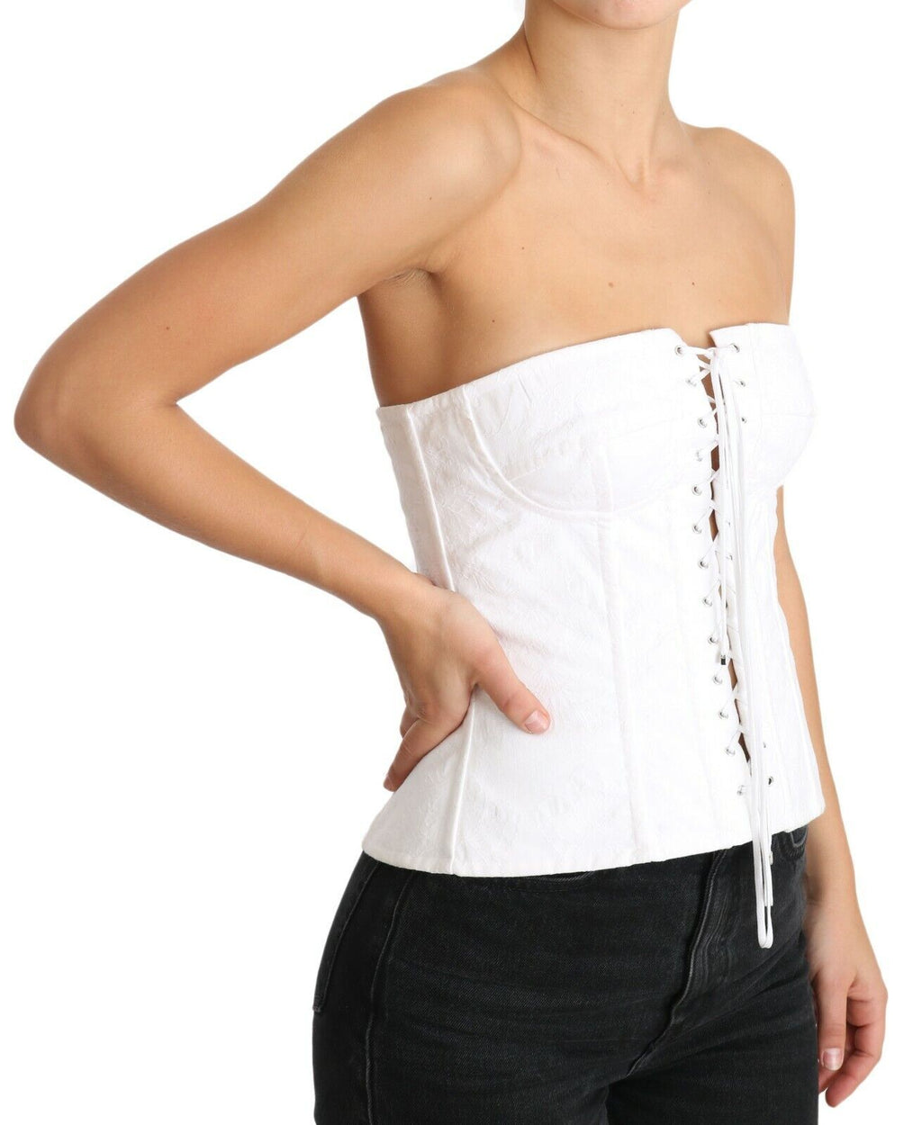 Top bustier blanc Dolce & Gabbana Palermo en coton, corset ajusté avec détails élégants.