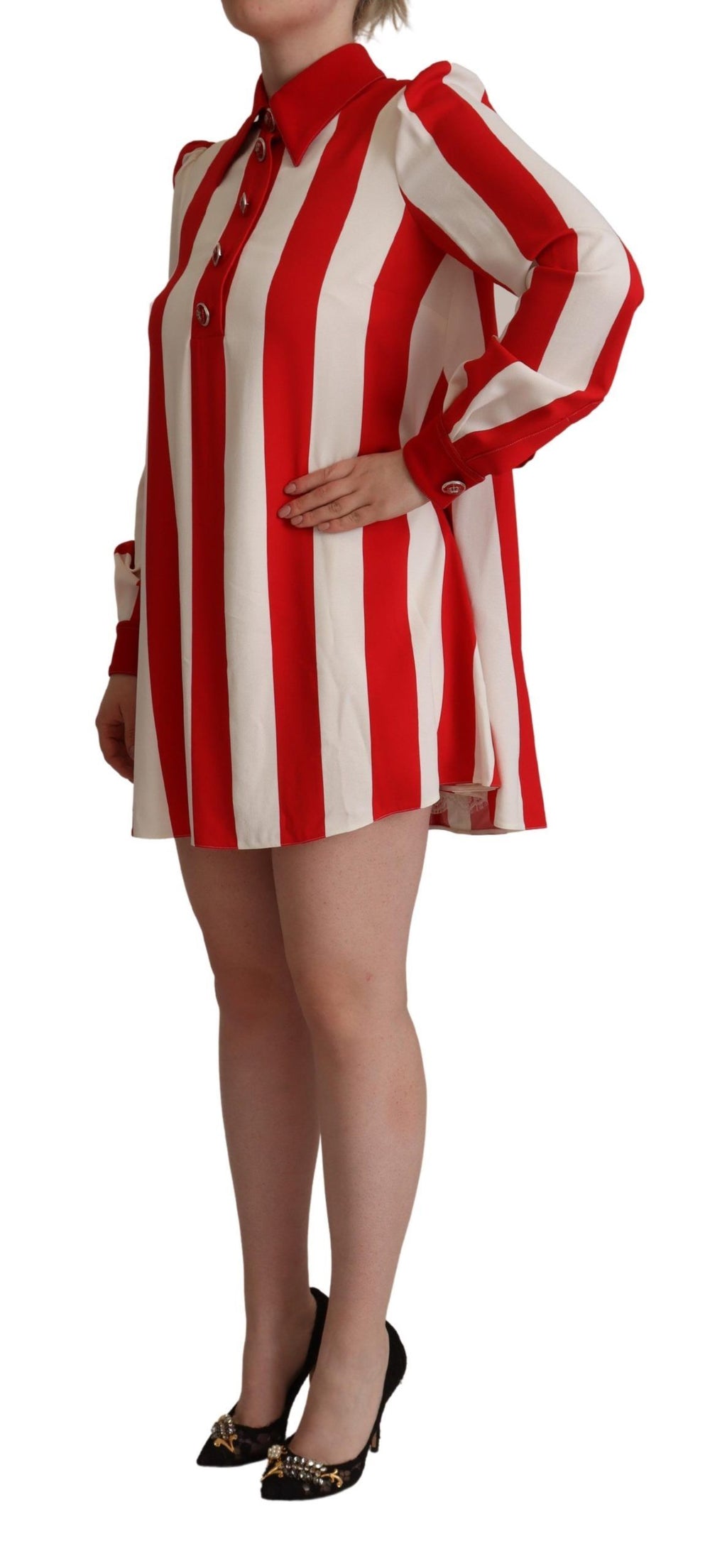 Robe courte Dolce & Gabbana blanche et rouge, robe mini en tissu stretch, avec col et détails élégants.