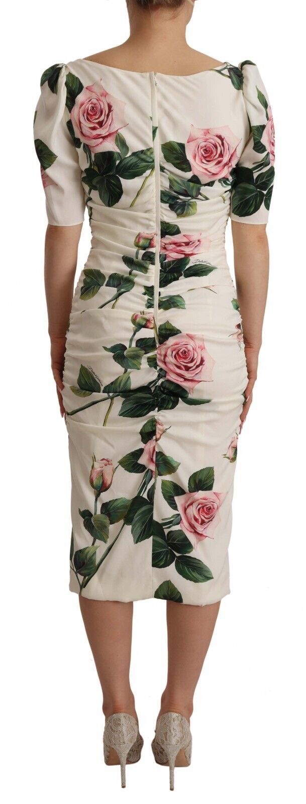 Robe plissée en soie extensible blanche à imprimé roses de Dolce & Gabbana, élégante et raffinée.