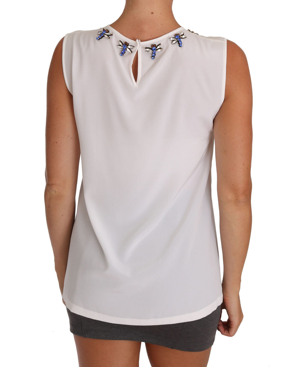 T-shirt blanc en soie Dolce & Gabbana avec cristaux ornementaux, style décontracté et élégant.