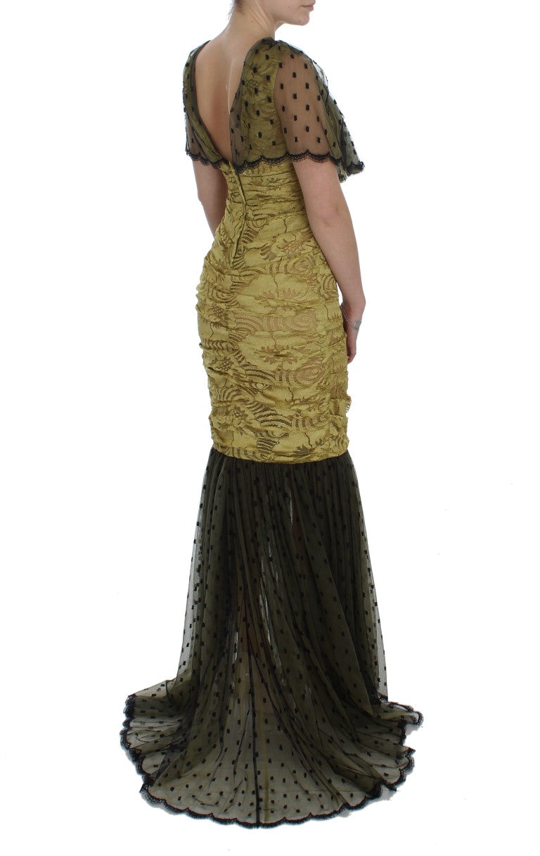 Robe longue Dolce & Gabbana en dentelle florale jaune et noire avec ricamo, élégante et sophistiquée.