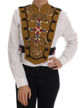 Veste sans manches Dolce & Gabbana jaune avec croix en cristaux, style élégant et mode de luxe, vue de face.