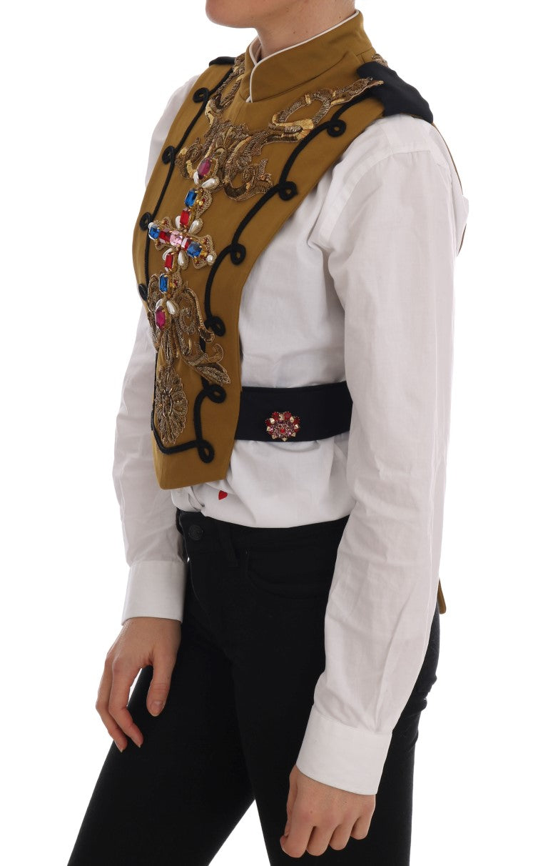 Veste sans manches Dolce & Gabbana croix en cristal jaune, style élégant et sophistiqué, visible sur l'image.