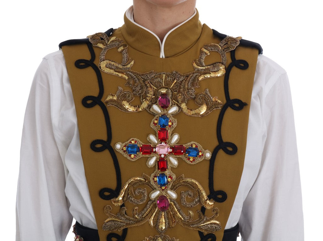 Veste sans manche Dolce & Gabbana jaune avec cristaux et motif croix, mode élégante et sophistiquée.