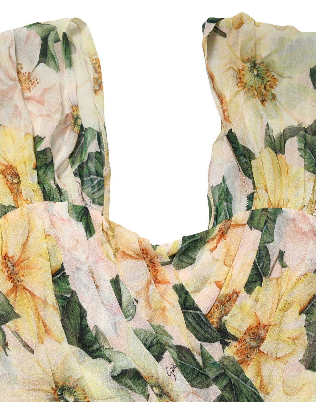Robe longue plissée en soie jaune à fleurs Dolce & Gabbana, détail de motif floral et style élégant.