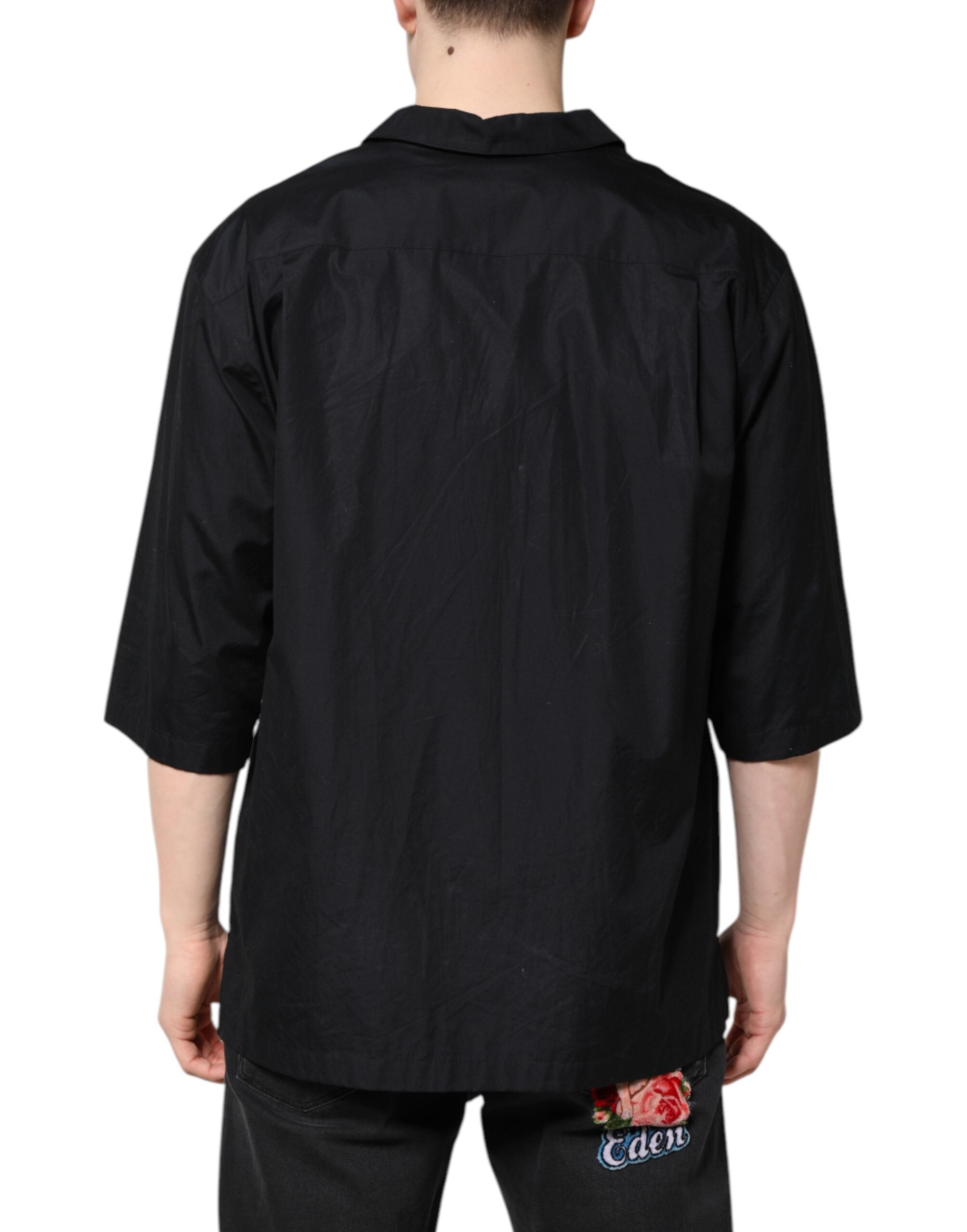 Chemise décontractée à manches courtes Dolce & Gabbana, boutonnière, couleur noire, style casual, vue de face.