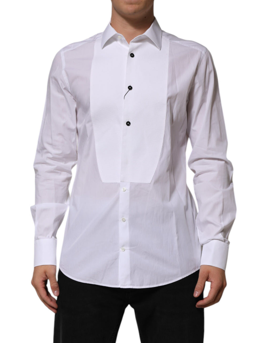 Chemise formelle blanche pour homme Dolce & Gabbana en coton popeline avec détails dorés, vue de face.