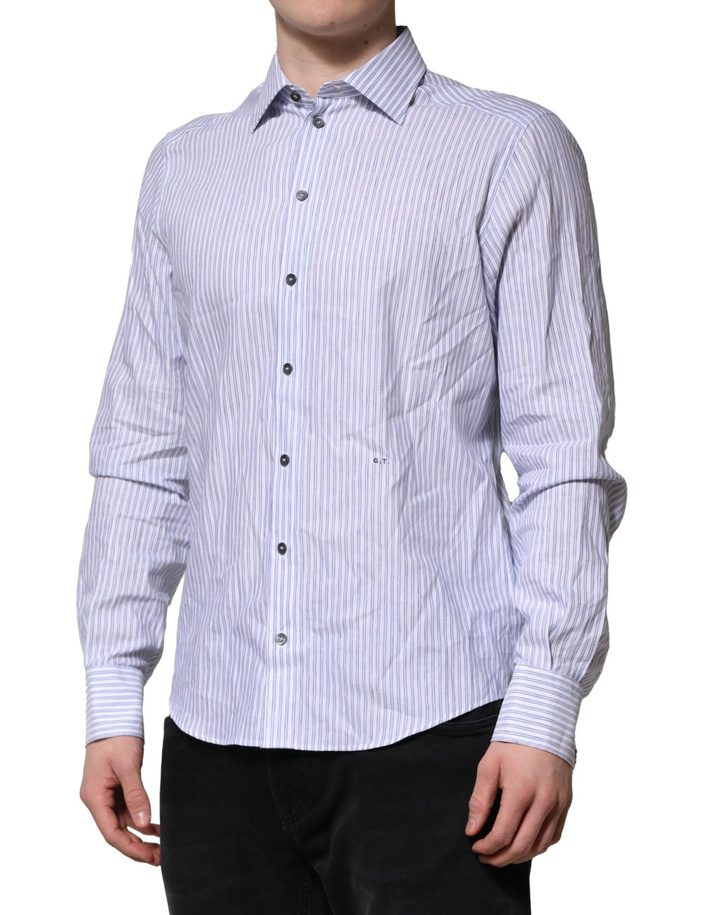 Chemise blanche à rayures bleues Dolce & Gabbana, robe en coton élégante pour occasion formelle.