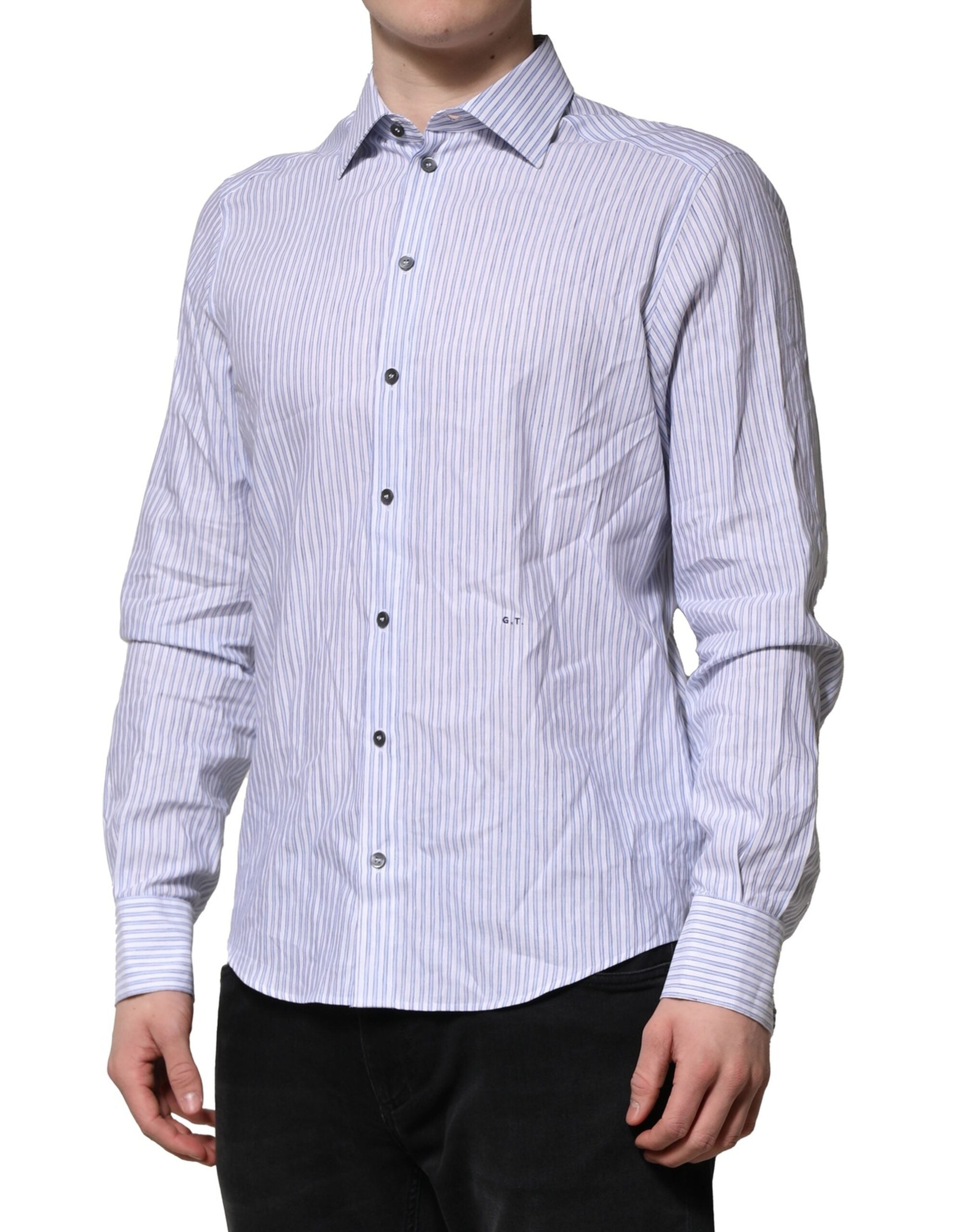 Chemise blanche à rayures bleues Dolce & Gabbana, robe en coton élégante pour occasion formelle.