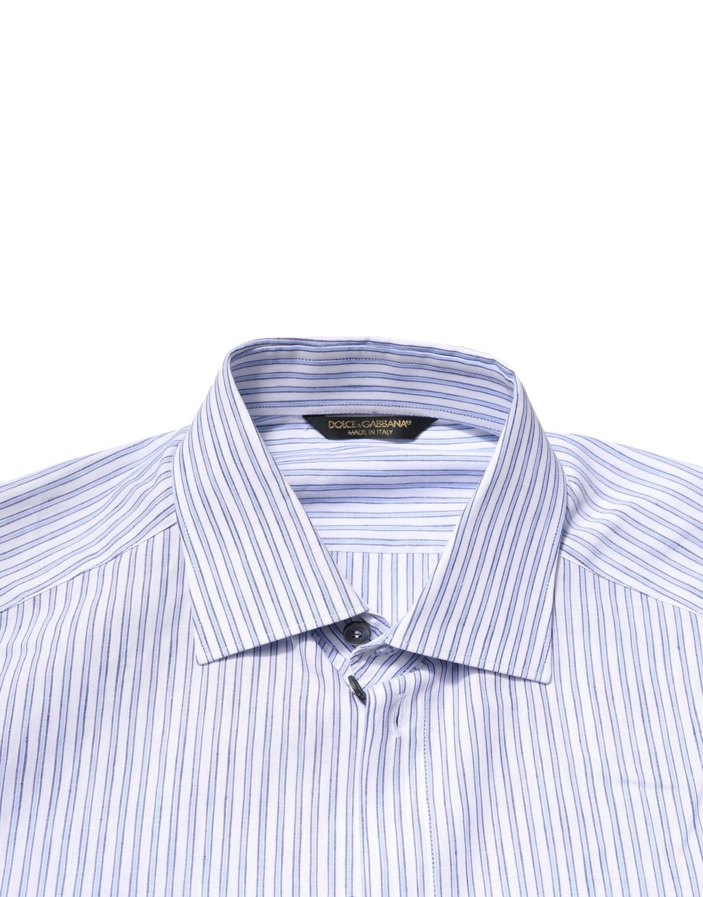 Chemise formelle en coton blanc et bleu à rayures de Dolce & Gabbana, vêtement élégant pour occasion spéciale.