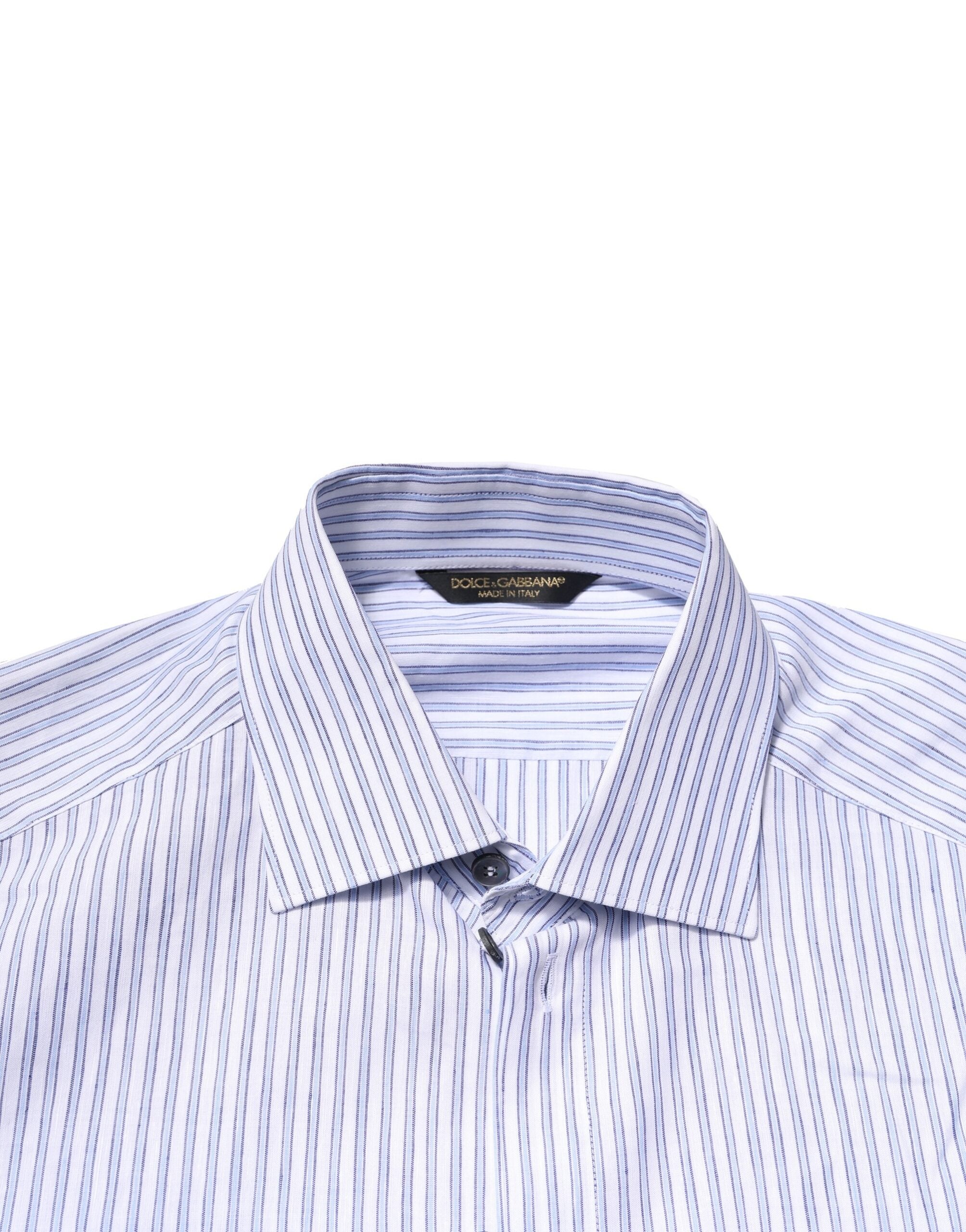 Chemise formelle en coton blanc et bleu à rayures de Dolce & Gabbana, vêtement élégant pour occasion spéciale.