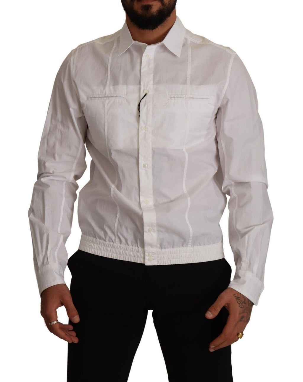 Chemise blanche en coton pour homme de Dolce & Gabbana avec col boutonné, vue de face.