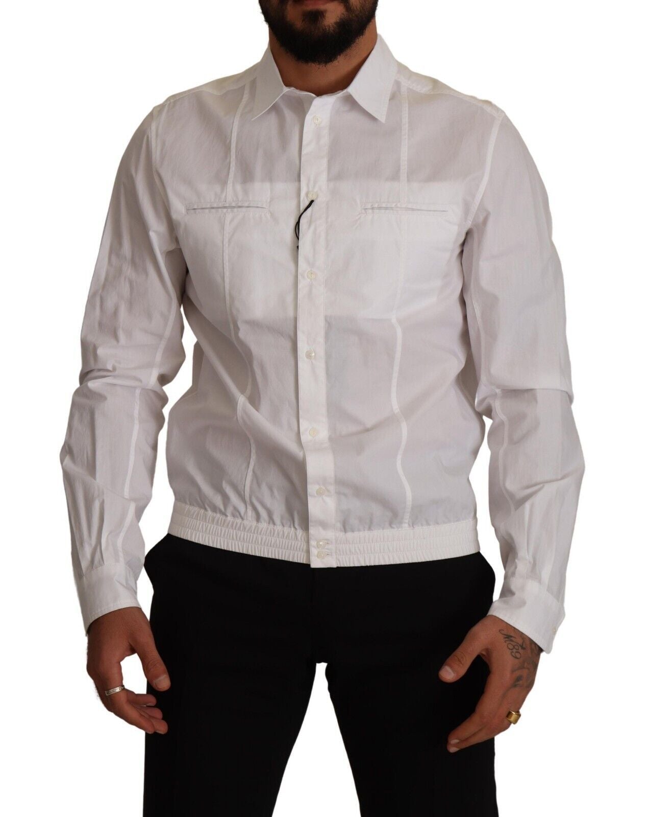 Chemise blanche en coton pour homme de Dolce & Gabbana avec col boutonné, vue de face.