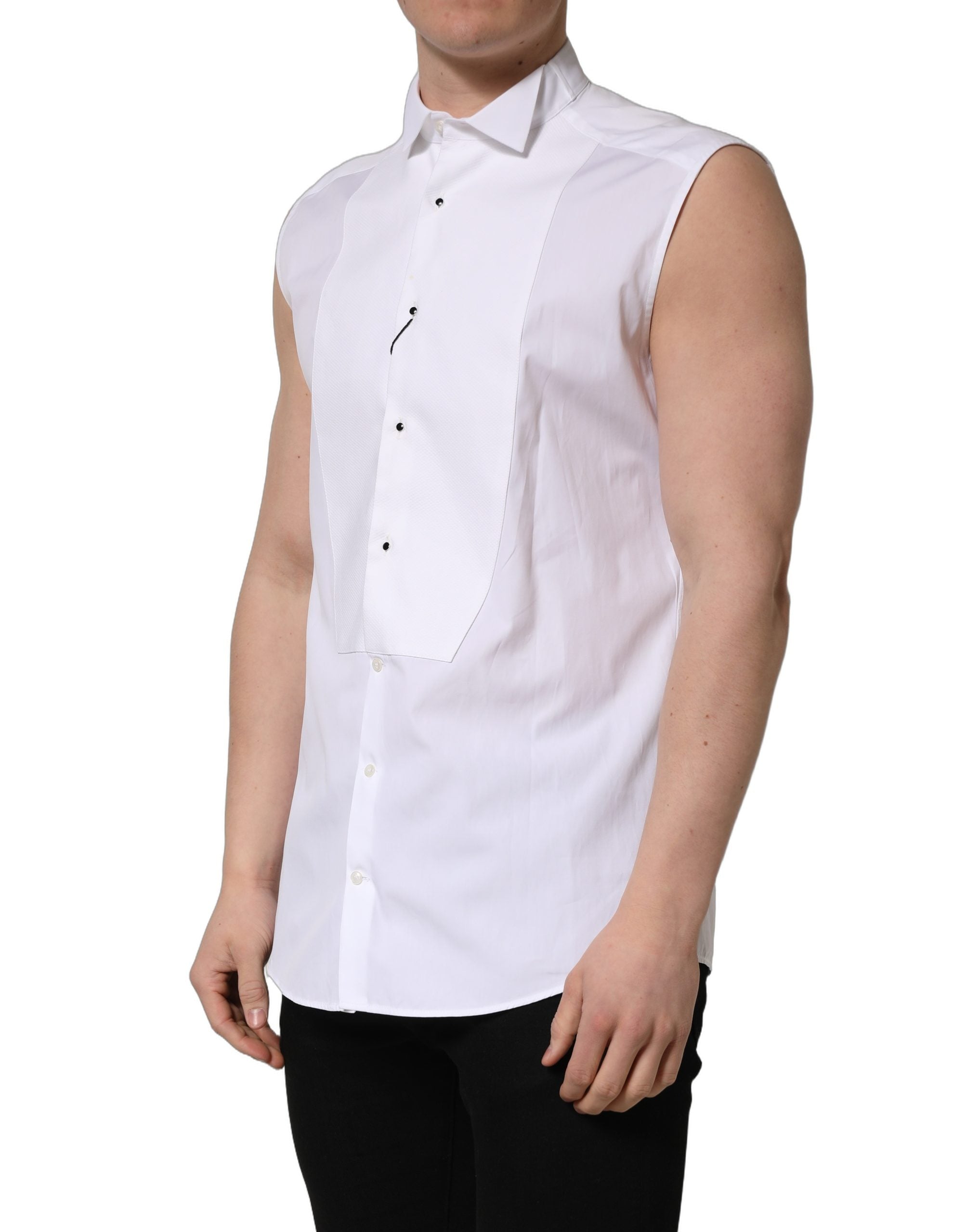 Chemise homme sans manches Dolce & Gabbana en coton blanc Martini, élégante et moderne, avec col classique et coupe ajustée.