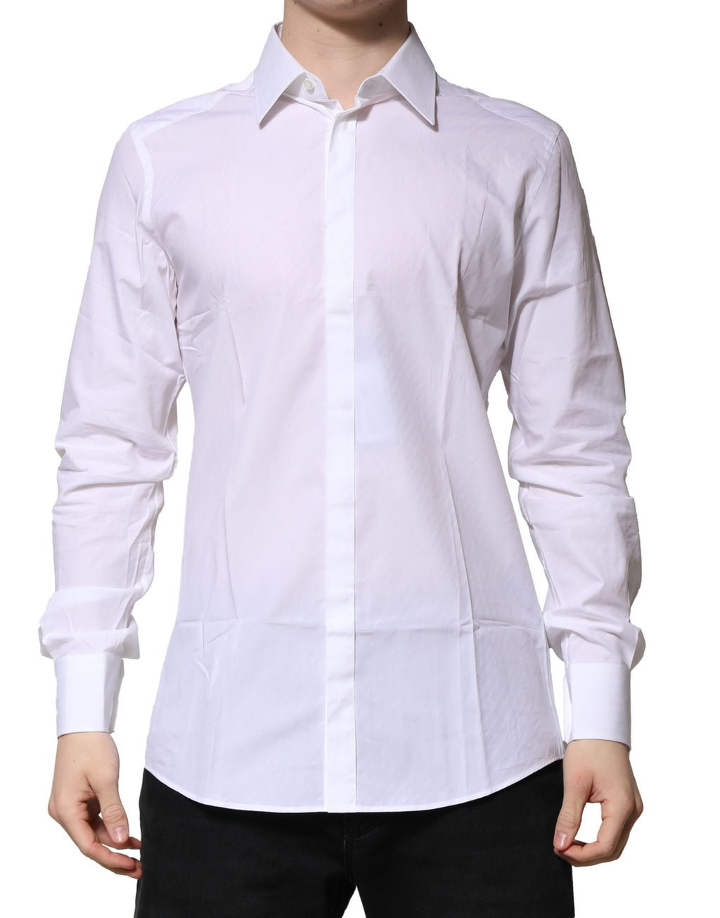 Chemise formelle pour homme Dolce & Gabbana blanche à manches longues avec détails dorés.