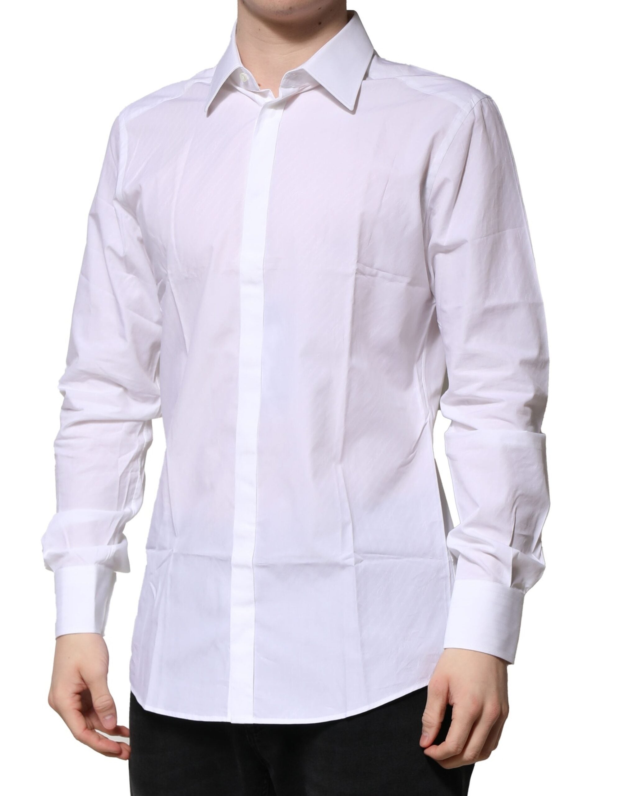Chemise formelle blanche à manches longues Dolce & Gabbana pour homme, finition dorée élégante et style sophistiqué