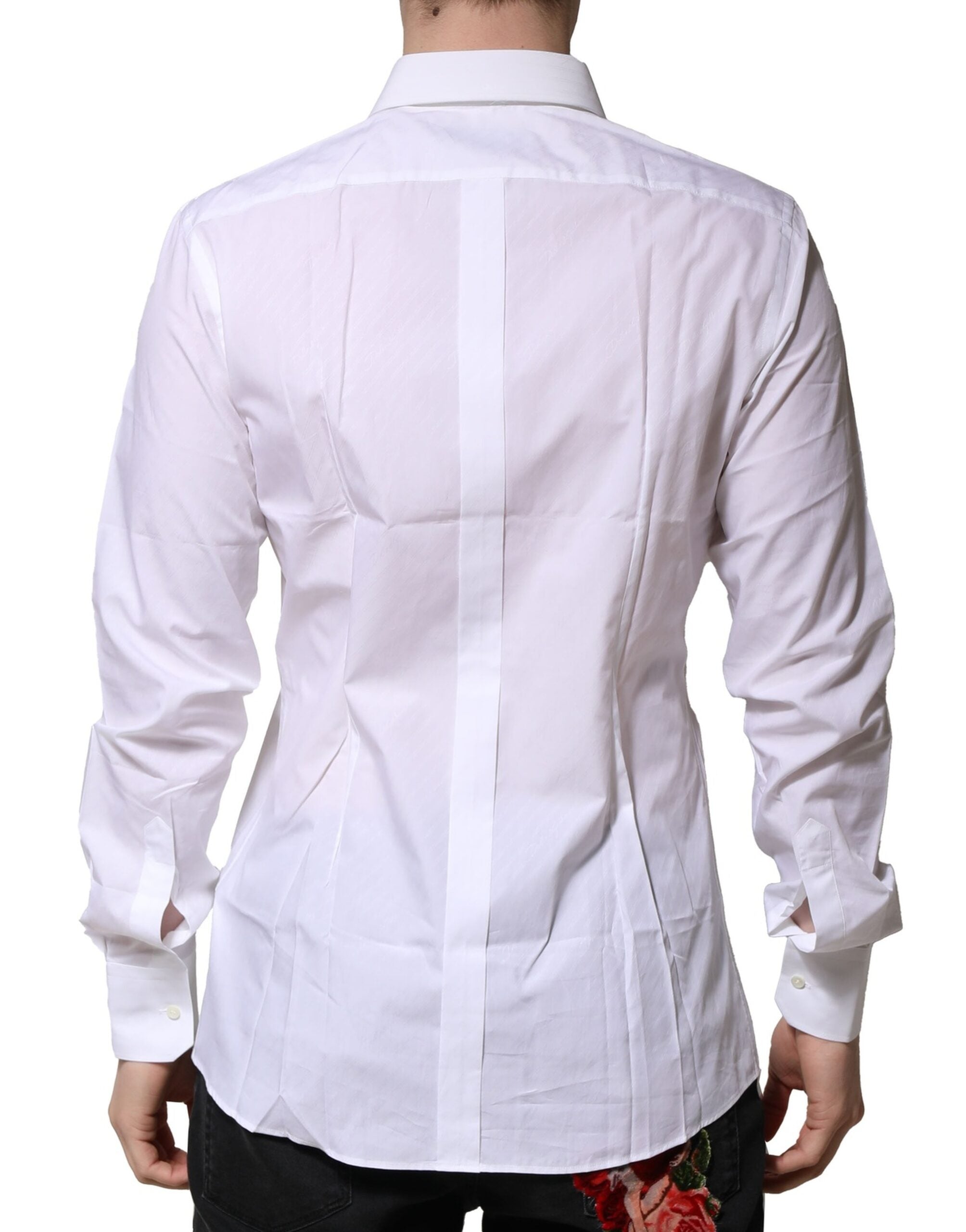 Chemise formelle blanche à manches longues de Dolce & Gabbana avec détails dorés pour homme.