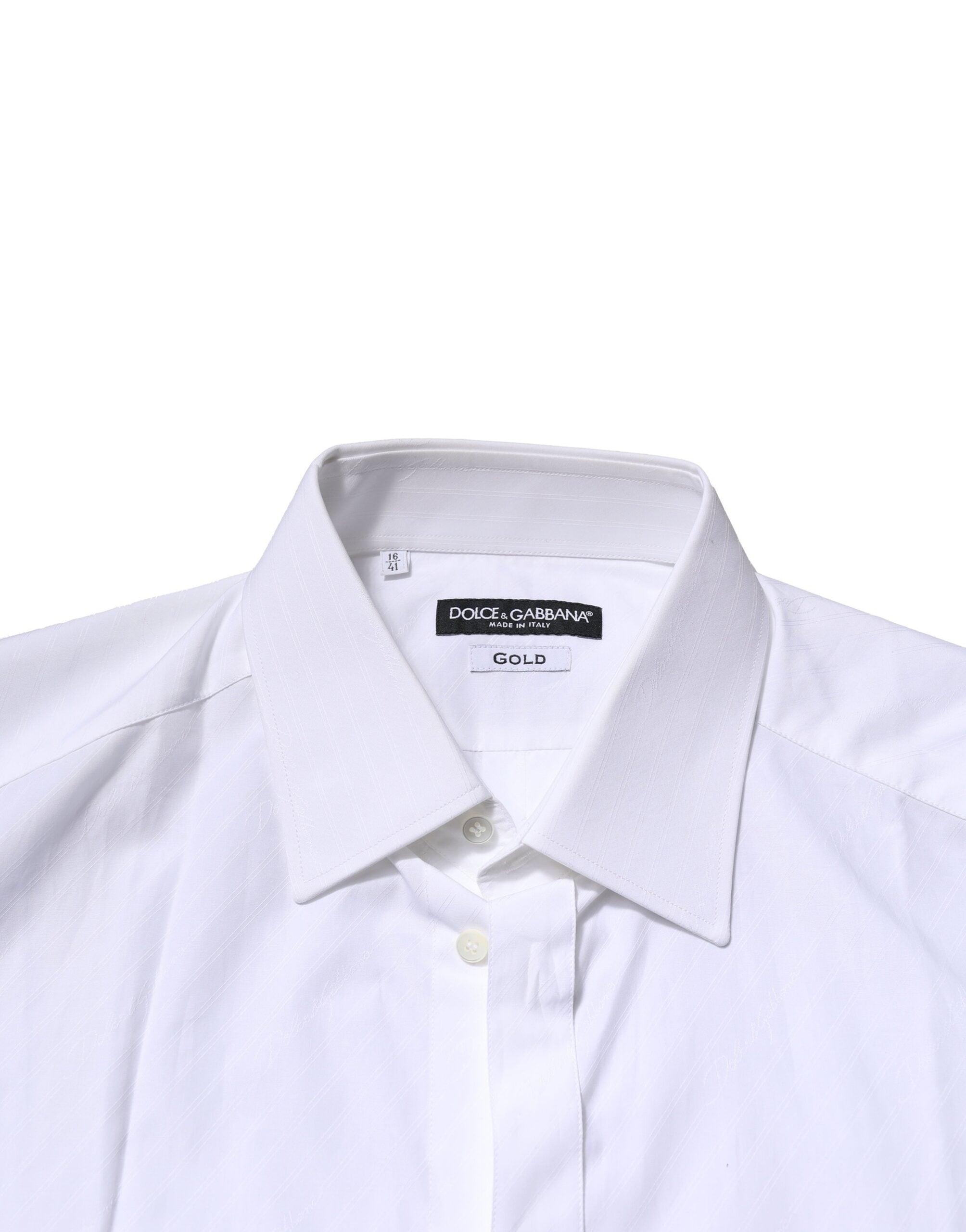 Chemise formelle blanche à manches longues Dolce & Gabbana avec détails dorés pour homme, élégante et sophistiquée.