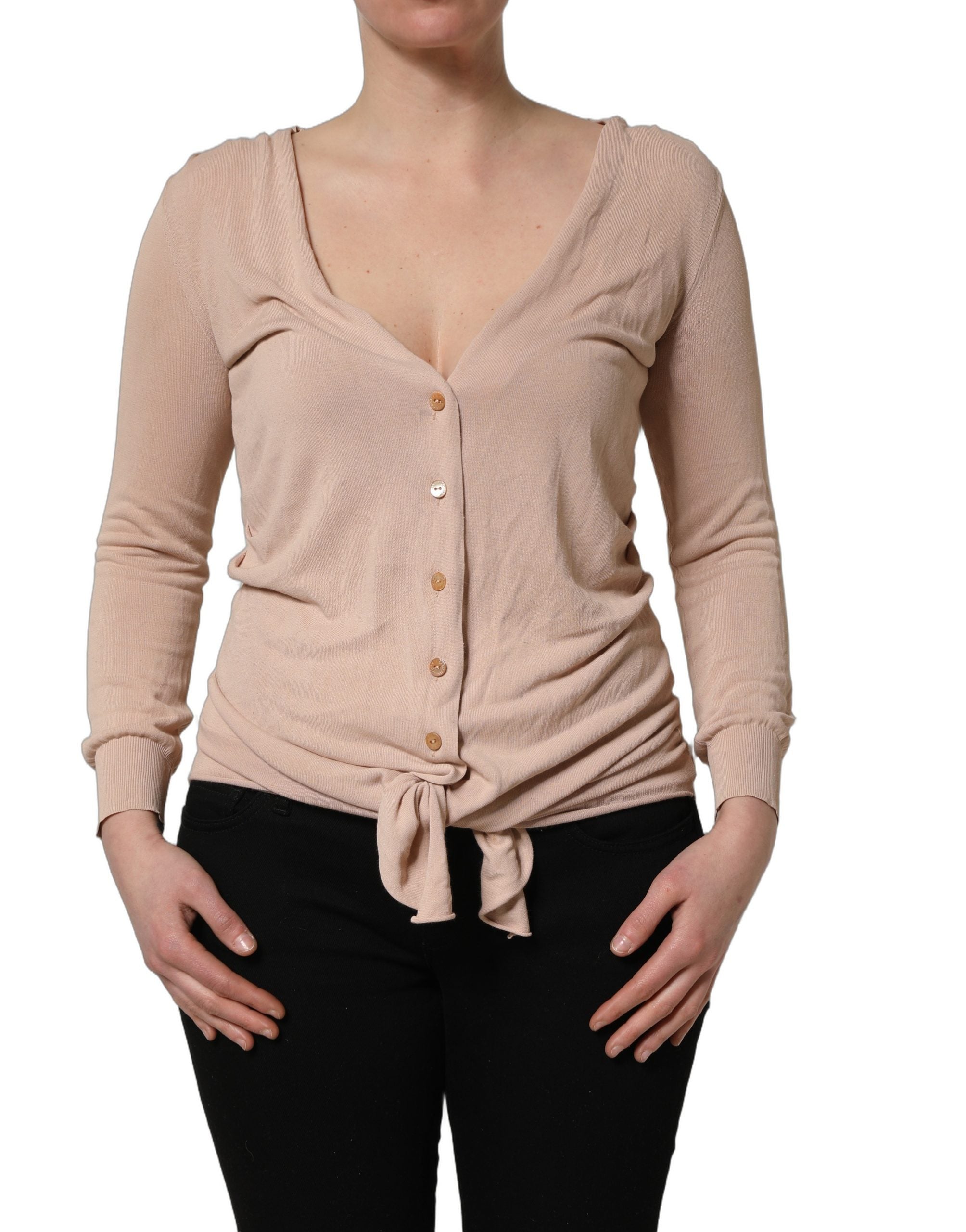 Cardigan beige à col en V avec lien frontal, à rayures côtelées, de la marque Dolce & Gabbana, vue de face.