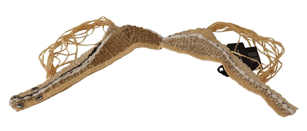 Top d'été en raphia beige Dolce & Gabbana, crochet tissé léger pour maillot de bain ou look estival.