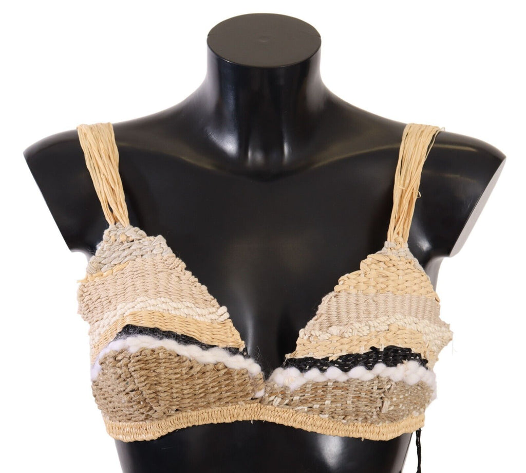 Haut de couverture beige en paille tressée en crochet de Dolce & Gabbana, style léger et estival pour la plage.