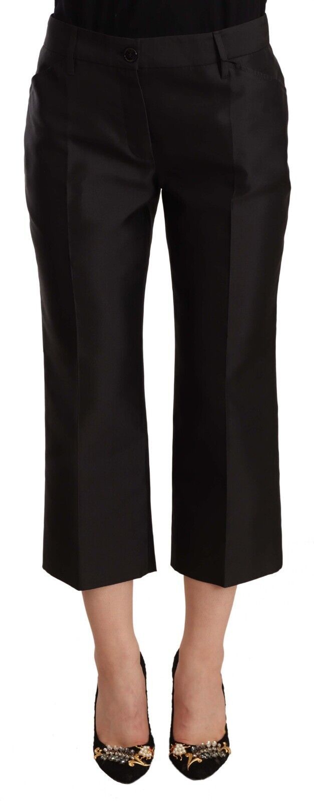 Pantalons cropped évasés en soie noire Dolce & Gabbana, 100 % silk, avec coupe fluide et style élégant.
