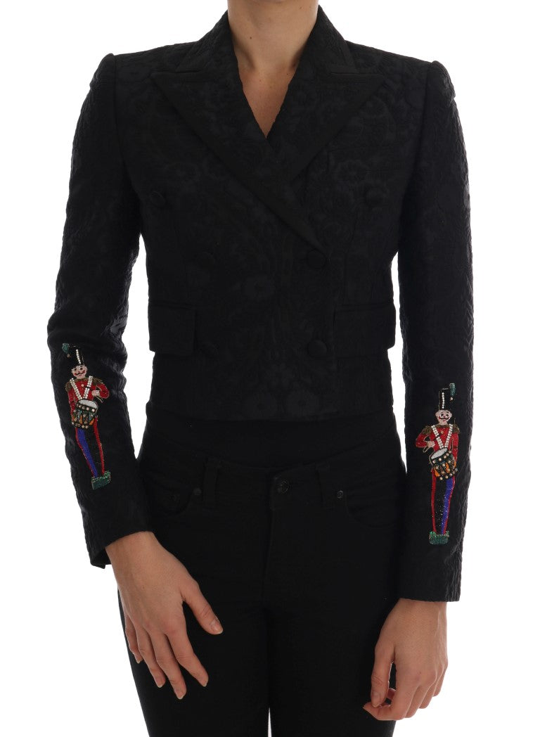 Veste blazer Dolce & Gabbana en brocart noir, élégante et sophistiquée, avec détails en tissu riche et finition soignée.