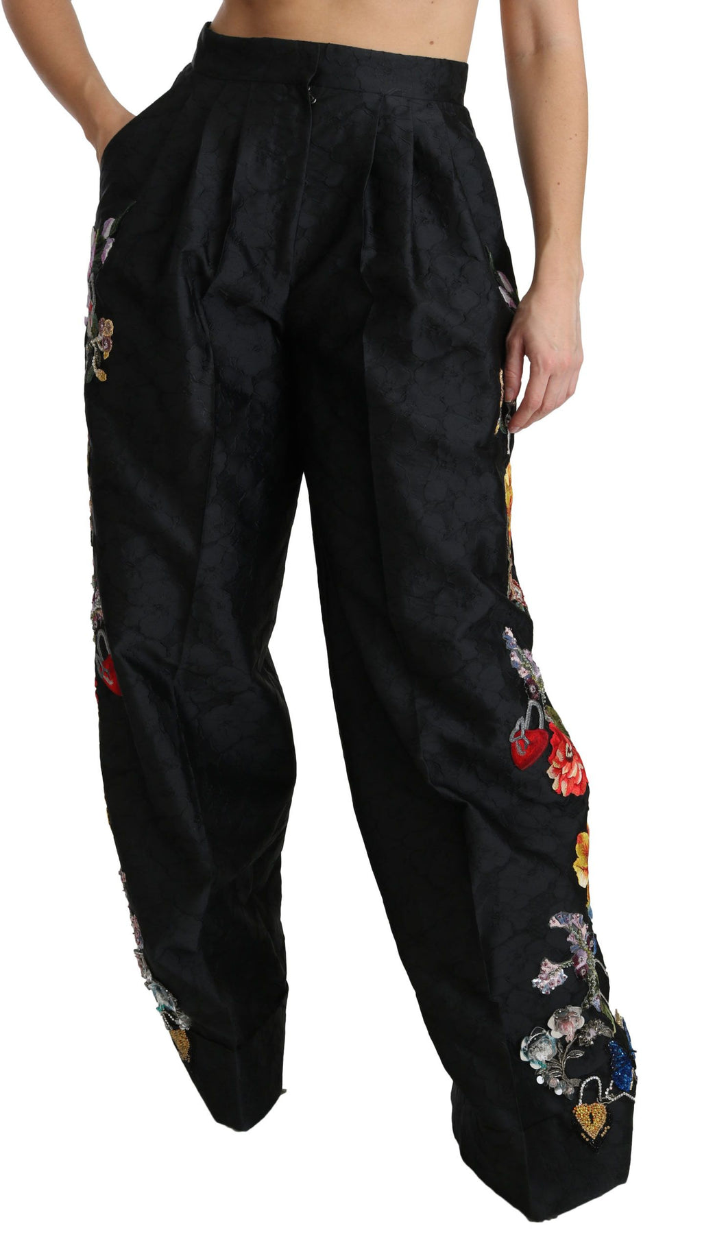 Pantalon brocard noir Dolce & Gabbana avec motifs floraux brodés, sequins et perles, élégant et sophistiqué.