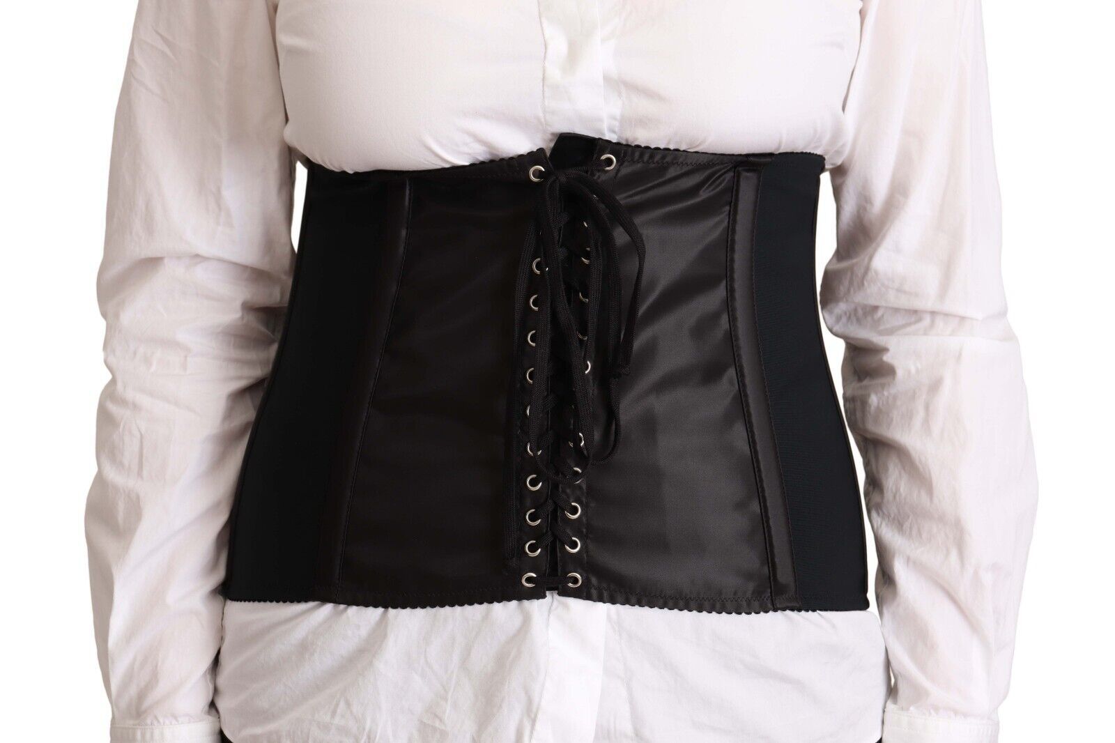 Ceinture corset noire Dolce & Gabbana en stretch avec bande à la taille, portée sur un haut élégant.