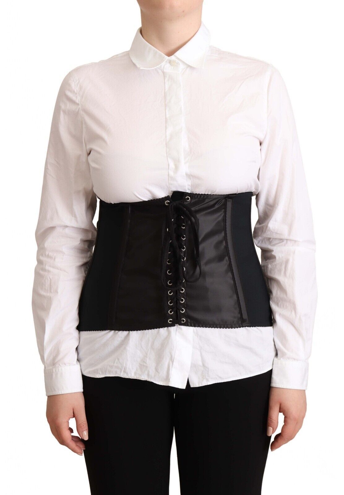 Ceinture corset noire Dolce & Gabbana en tissu stretch, ceinture pour taille ajustée et élégante, visible en gros plan.
