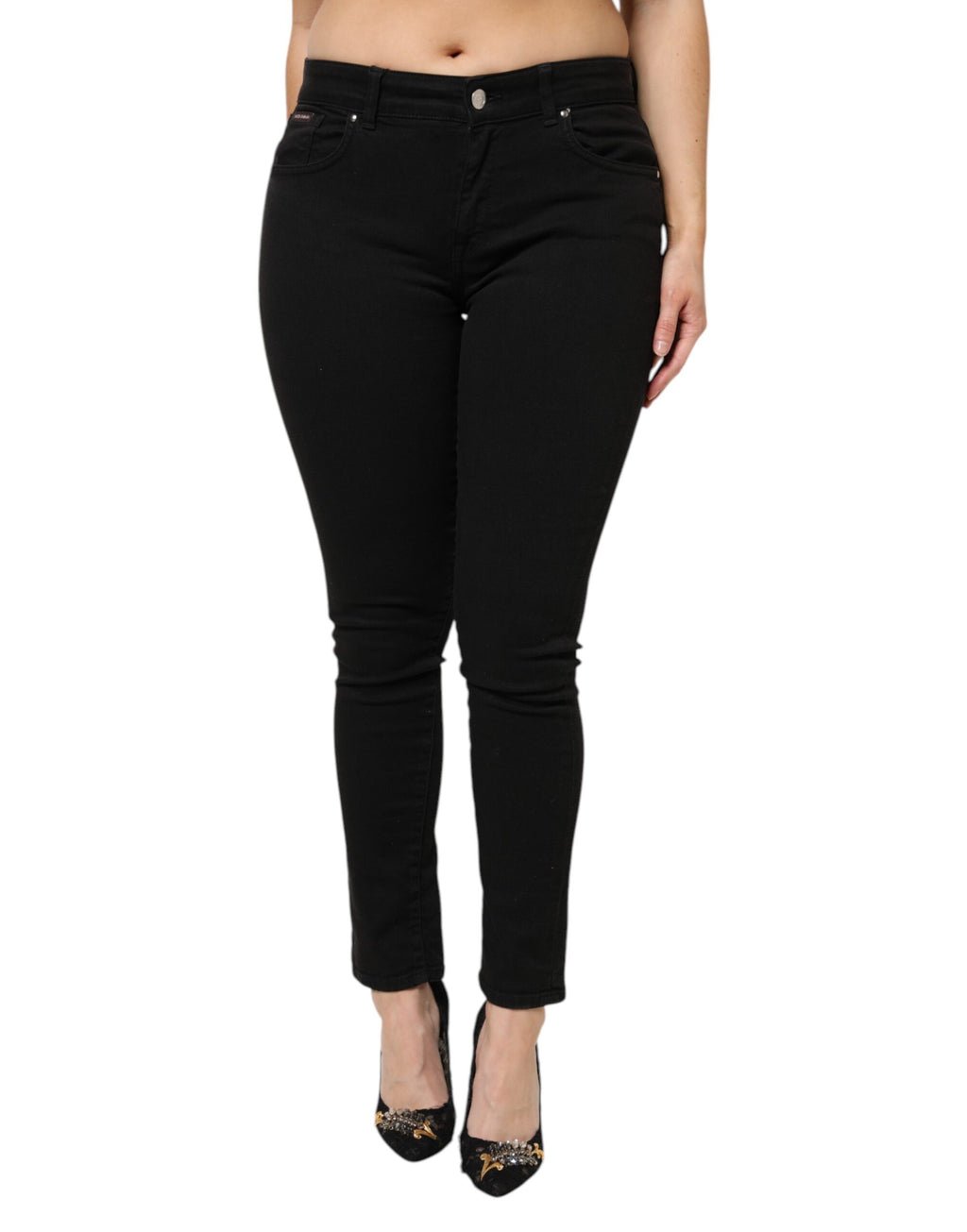 Jeans en coton noir Dolce & Gabbana, coupe taille moyenne, denim décontracté pour homme ou femme, visible en gros plan.