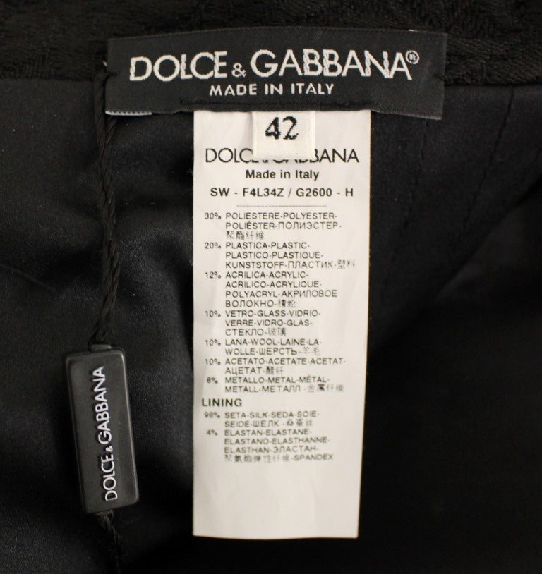 Jupe noire en cristal faite main de Dolce & Gabbana, courte, ajustée, avec détails brillants et élégant style au-dessus du genou.